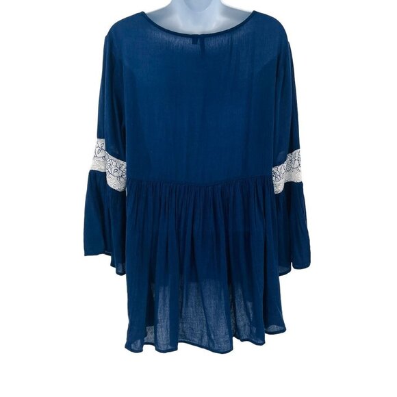 Lace Flutter Peasant Ruffle Sleeve Blue White Blouse Top Tunic New Directions - Picture 3 of 7